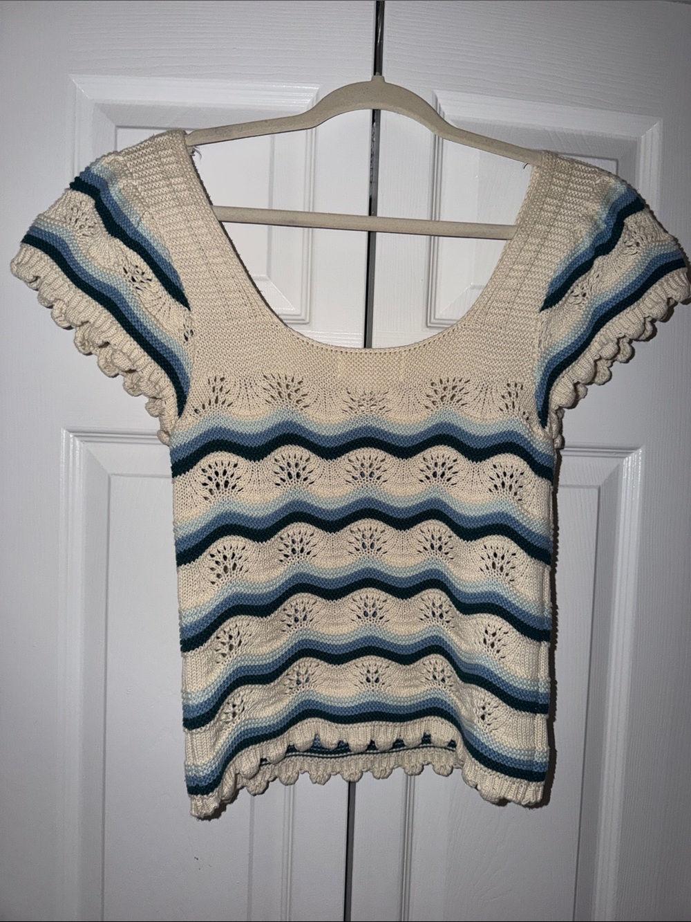 Jessica Simpson Cream Crochet Crop Top with Blue Stripes
